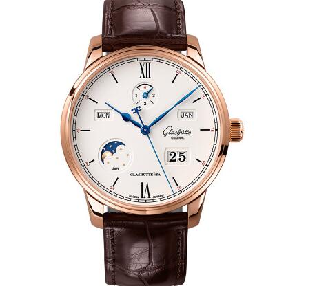 The blue hands are striking on the white dial.